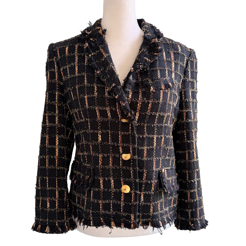 Alice + Olivia Luxe Metallic Grid Tweed Blazer Black Gold Medium Luxury Capsule - Picture 2 of 8